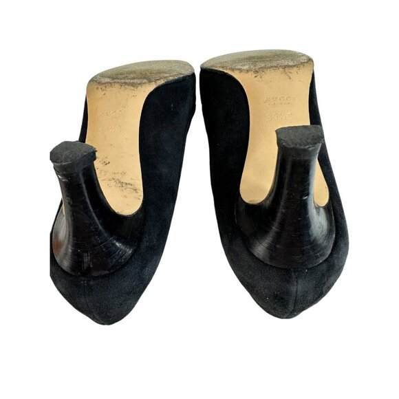 GUCCI Pump Kitten Heels Suede Leather US 6 EU 36.5 Black Pointed Toe Bow Logo - Picture 9 of 15